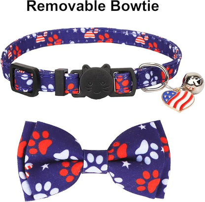ADOGGYGO American Flag Cat Collar Breakaway with Bow Tie Bell - 2 Pack 4th of July Kitten Collar with Removable Bowtie Red Blue American Flag Collars for Cat Kitten