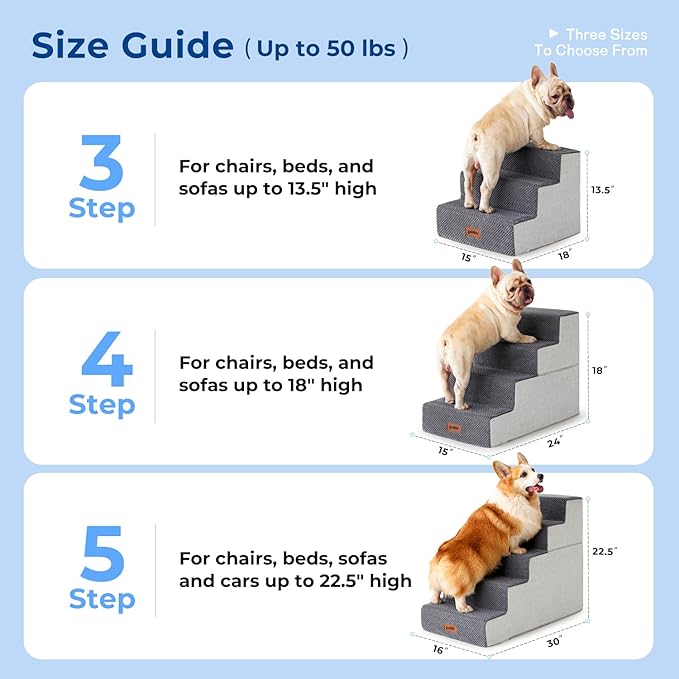 Dog Stairs for Small Dogs - Pet Stairs 2 in 1 with Zippers Suitable for Couch and Bed, 35D Foam Dog Steps with Non Slip Bottom Grey 4 Steps, Brown
