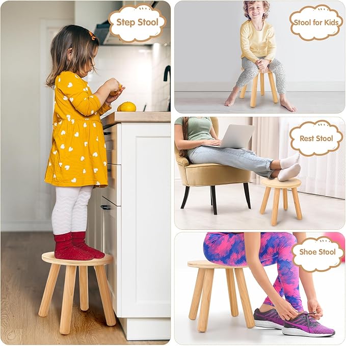 wingyz Wooden Step Stools for Kids, 10 Inch Solid Kids Chairs Perfect Matched Sensory Table, Multi-Purpose Children Sitting Stool for Playroom Bathroom (Natural, 1 Pack)