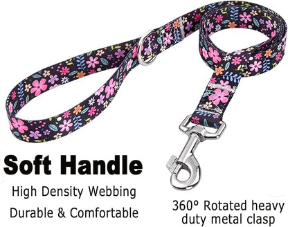 Dog Collar and Leash Set with Bohemia Floral Tribal Geometric Patterns - Soft Ethnic Style Collar Adjustable for Small Medium Large Dogs(Floral Set,L)