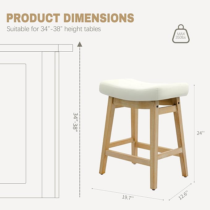 Counter Height Bar Stools Set of 4 for Kitchen Island Modern Barstools with Upholstered Faux Leather Backless Seat and Solid Wood Legs, 24 inch Farmhouse Bar Chairs, White