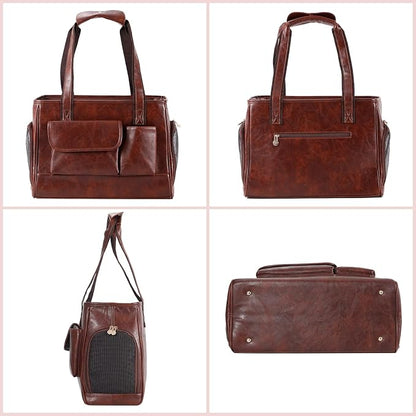 Dog Carrier Purse, Fashion Leather Pet Carrier Bag, Airline Approved Soft Sided Cat Travel Tote Bag with Pockets Coffee