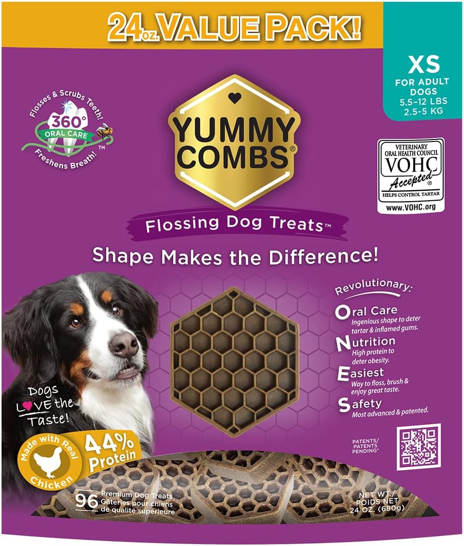 Dog Dental Treats – Vet VOHC Approved – Delicious Chicken Protein – Removes Tartar with Cleaning Comb Shape – Dental Dog Treats for Extra Small Dogs (24oz, 96 Count)