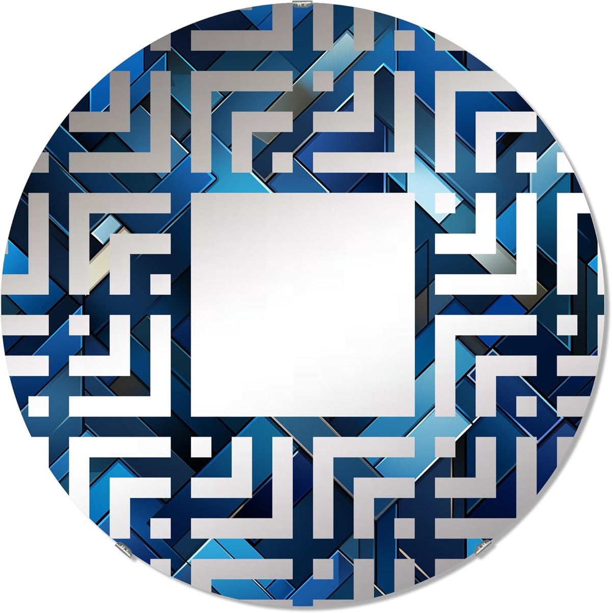 Symmetric Cubes in Deep Cobalt Blue - Geometric Maze - 32 Inches - Round Decorative Wall Mirror for Bathroom, Bedroom, Entryway, Living Room, Vanity Room and Modern Décor