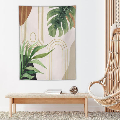 Abstract Boho Tapestry, Mid Century Tropical Tree Leaves Modern Geometric Arch Bohemian Botanical Tapestry, Home Aesthetic Wall Hanging Art Decor for Living Room Bedroom Dormitory 30x40 Inch