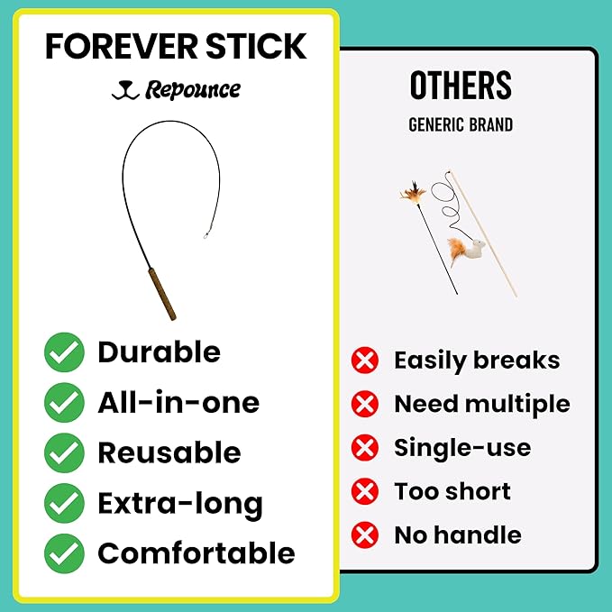 Forever Stick 2 Pack - The Unbreakable Cat Toy Wand, Extra Long Durable Interactive Cat Toy for Indoor Cats, Feather Kitten Toys for Bored Indoor Adult Cats, Bird Teaser Cat Accessories