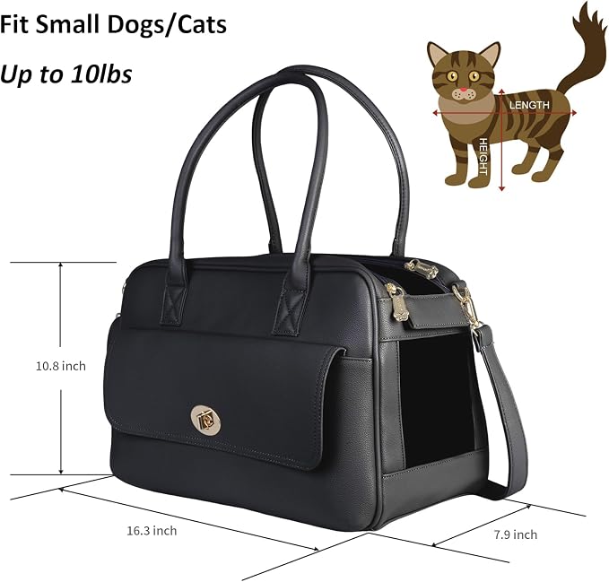 Pet Carrier Dog Purse Carrier Cat Soft-Sided Dog Carriers for Puppy Kitten, Fashion Leather Handbag Tote Travel Pet Bag for Small Dogs Cats, TSA Airline Approved (Black)