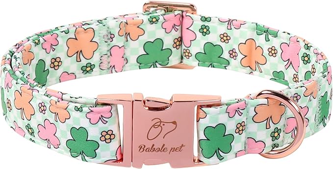 St. Patrick's Day Dog Collar for Medium Dogs - Lucky Clover Pastel Dog Collars, Irish Spring Shamrock Pet Collars, Adjustable Heavy Duty Dogs Collar with Metal Buckle M