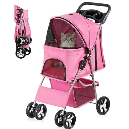 ZENY Foldable Pet Stroller, Cat/Dog Stroller with 4 Wheel, Pet Travel Carrier Strolling Cart with Storage Basket, Cup Holder (Pink)