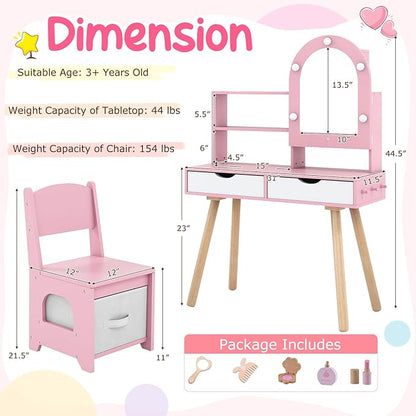 Costzon Kids Vanity with Lights, Girls Vanity Set with Mirror Cabinet, Storage Drawers, Hooks & Shelves, Toddler Makeup Vanity Desk Dressing Table, Wooden Kids Vanity Table and Chair Set (Pink)