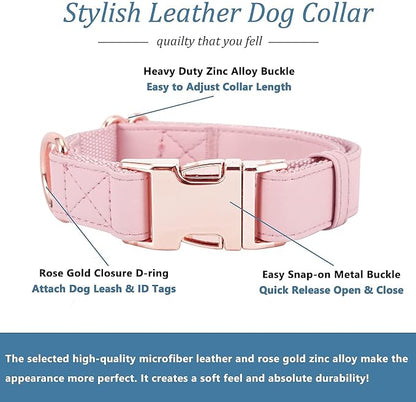 Dog Collar and Leash Set.Soft and Easy to Clean Vegan Leather with Rose Gold Metal Buckle for Small Medium Large Dogs (Pink, S(12.2"-16.9"))