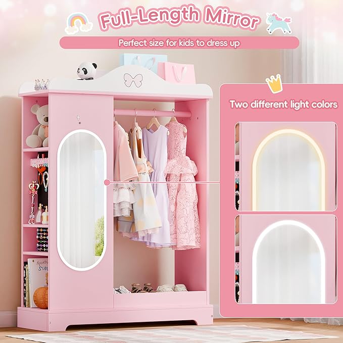 Xilingol Kids Armoire with a Jewelry Cabinet, Princess Dress Up Closet with Mirror, Kids Wardrobe Closet with Storage Shelves, Armoire Costume Organizer for Bedroom, Kids Room, Girl (Pink)