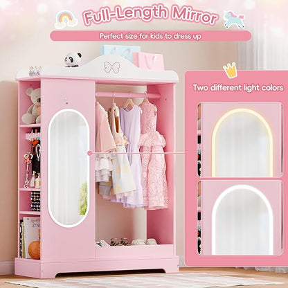 Xilingol Kids Armoire with a Jewelry Cabinet, Princess Dress Up Closet with Mirror, Kids Wardrobe Closet with Storage Shelves, Armoire Costume Organizer for Bedroom, Kids Room, Girl (Pink)