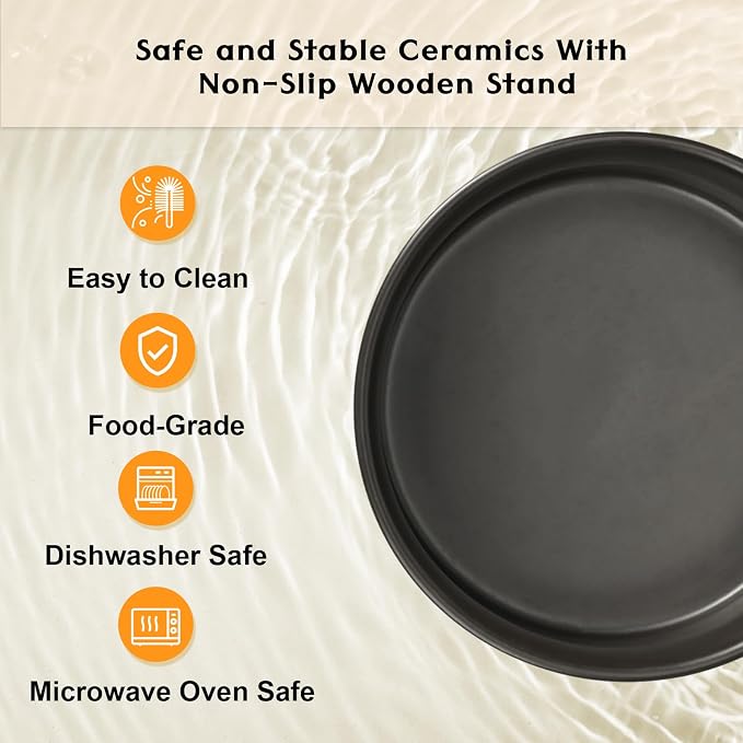 SPUNKYJUNKY Ceramic Elevated Dog Bowls 2 Pack - 8.3inch Raised Dog Bowls with Non-Slip Wooden Stand for Large Dogs Dishwasher Safe(Black,60OZ*2)