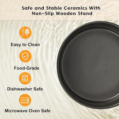 SPUNKYJUNKY Ceramic Elevated Dog Bowls 2 Pack - 8.3inch Raised Dog Bowls with Non-Slip Wooden Stand for Large Dogs Dishwasher Safe(Black,60OZ*2)