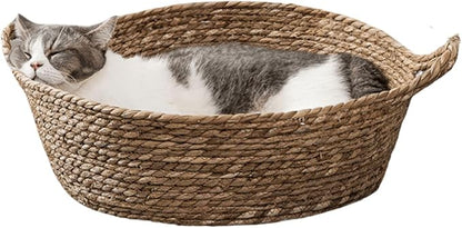 Cat Bed, Straw Woven Cat Baskets Bed, Round Wicker Cat Basket Nest, Non-Slip Cozy Kitten Bed for Cats Small Dog (Only Nest,Large)
