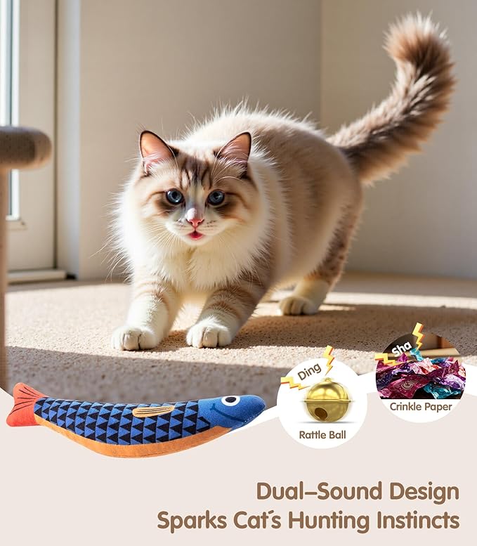 Interactive Cat Toys with [5000mg A+ Natural Catnip &Silvervine] [Baby Grade] Soft Chew Kicker Cat Toys for Indoor Cats & Kittens, Crinkle &Bell Fish Sound Toy, Drives Bored Cats Crazy with Fun,2 Pack