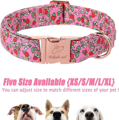 Sweet Strawberry Dog Collar, Cute Pink Summer Pet Collar with Metal Buckel, Durable Adjustable Designer Dog Collars for Small Medium Large Dogs M