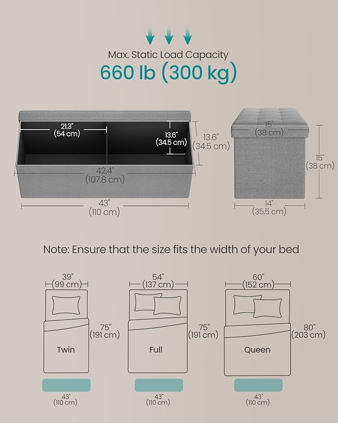 SONGMICS MAZIE Collection - 43 Inches Folding Storage Ottoman Bench, Ottoman Foot Rest, End of Bed Bench, Storage Chest, Load 660 lb, for Living Room, Bedroom, Entryway, Light Gray ULSF77G