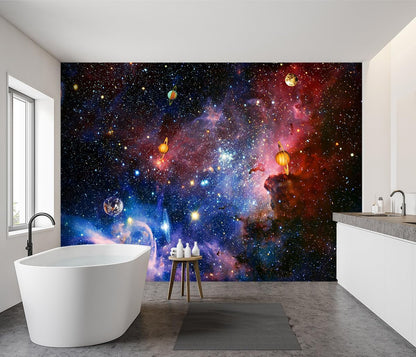-Galaxy Universe Planet Ceiling Fabric Wallpaper Boys Girls Nursery Starry Sky Children Bedroom Bathroom Large Mural- 183"x120"（ not Peel and Stick）