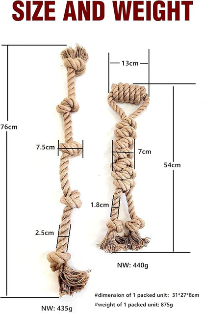 Pure Natural Hemp Rope Dog Toys, Aggressive Chewers, Indestructible, Unbreakable, Sturdy and Chemical Free Toys, Tug of War Pull Rope-Set of 2
