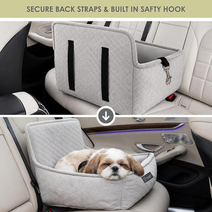 NANDOG Luxury Dog Car Seat Bed for Medium Dogs, Micro Plush Pet Seat with Removable & Washable Cushion Insert, Thick Safety Seatbelt Straps, Secure Travel Carrier, Light Grey, 22" L x 18" W