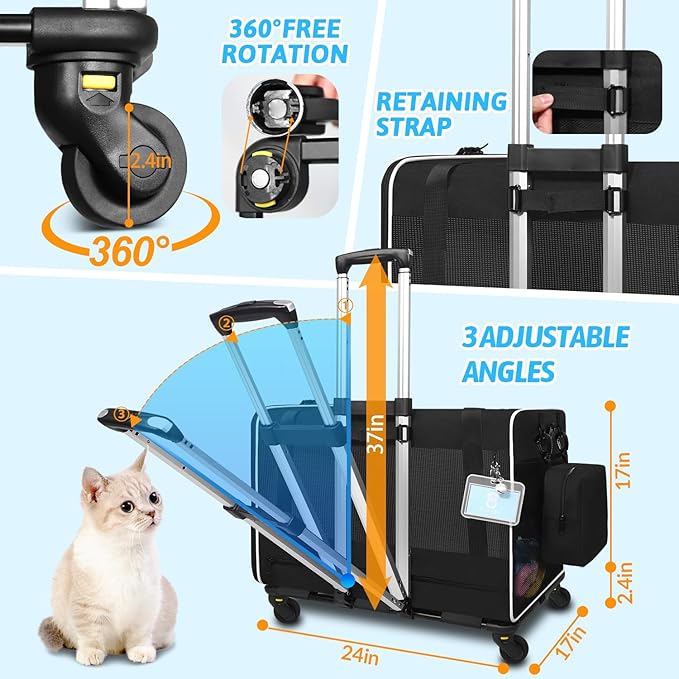 Petskd Extra Large Cat Carrier with Wheels and Litter Box 24"x17"x17" for Large Cat or 2 Small Cats, Collapsible Soft Sided Pet Carrier for Car Travel with Lockable Safety Zippers(Black)