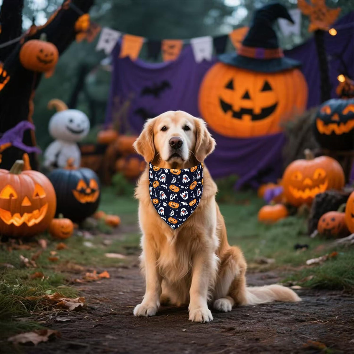 Halloween Dog Bandana for Large Dogs - Reversible Black Skull Pumpkin Print Scarf - Soft & Quick-Dry for Costume Parties