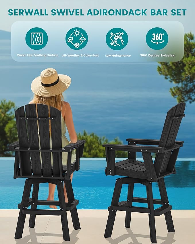 SERWALL Swivel Adirondack Bar Chairs Set of 4, HDPE Outdoor Swivel Barstools Chairs Set of 4 for Bistro, Poolside, Garden, Black