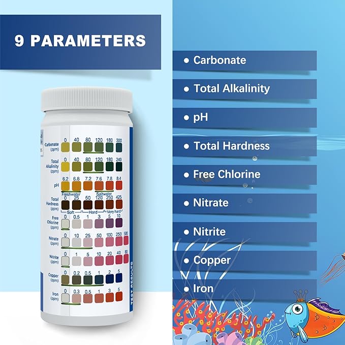 Aquarium Test Strips,100 Strips 9 in1 Saltwater and Freshwater Aquarium Test Kit for Aquarium,Pond and Fish tank,Testing Carbonate,Alkalinity,pH,Hardness,Free Chlorine,Nitrate,Nitrite,copper and Iron.