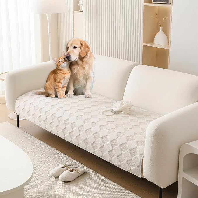 HANDONTIME Non-Slip Pet Couch Cover Washable, Plush Faux Fur Couch Protector for Cushion Pet-Friendly Sofa Covers for Dogs, Checkered Diamond Sectional Covers Dog Mat for Sofa (Ivory, 35.6" x 63")