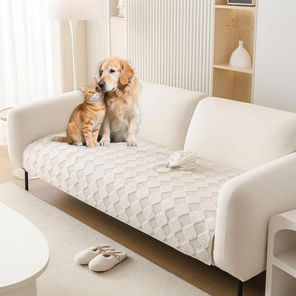 HANDONTIME Non-Slip Pet Couch Cover Washable, Plush Faux Fur Couch Protector for Cushion Pet-Friendly Sofa Covers for Dogs, Checkered Diamond Sectional Covers Dog Mat for Sofa (Ivory, 35.6" x 63")