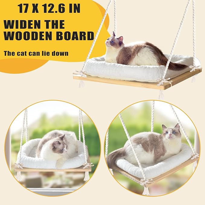 Cat Window Perch Cat Hammock Kitten Window Seat with Cushion Bed Cover Solid Wood Seat with Strong Suction Cups Hanging Kitten Bed for Small Medium Indoor