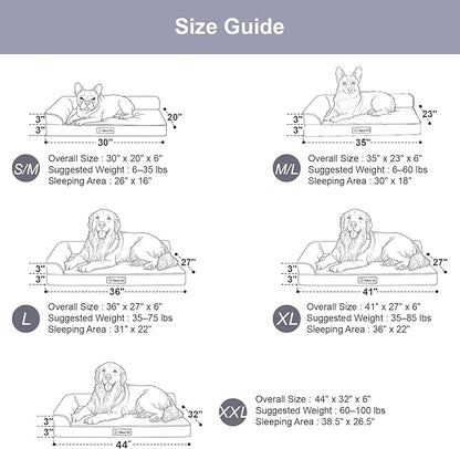Rainmr Orthopedic Dog Beds for Large Dogs, Memory Foam Dog Beds Large Sized Dogs, Washable Removable Cover, Nonskid Bottom, Waterproof, for Indoor, Outdoor, Crate ＆ Car Use, 36x27x6 Inches, Light Grey