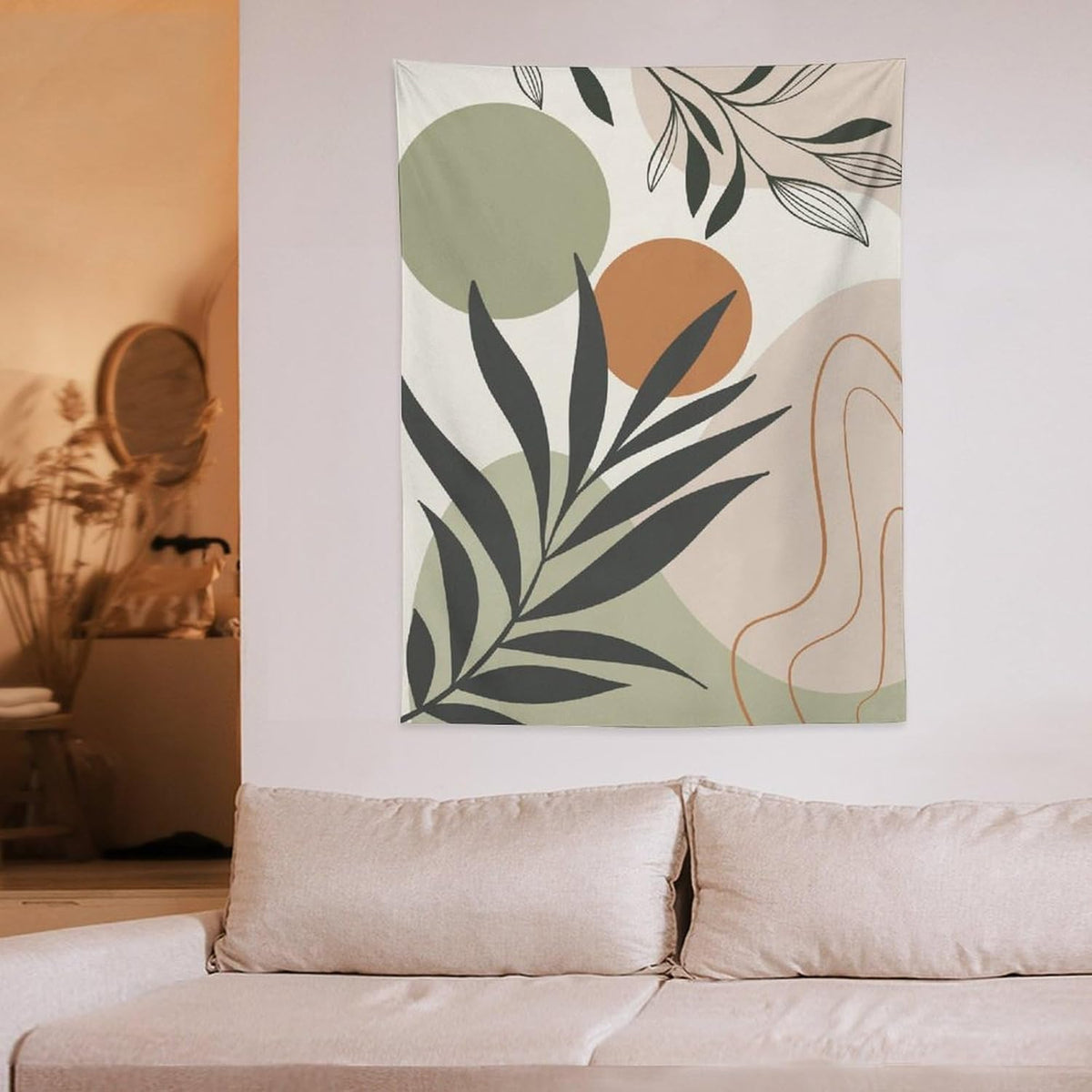 Abstract Bohemian Mid Century Tapestry, Tropical Leaves Modern Geometric Archway Minimalist Bohemian Botanical Aesthetic Wall Hanging, Sage Green Gold Home Decor Art for Bedroom 50x60 Inch