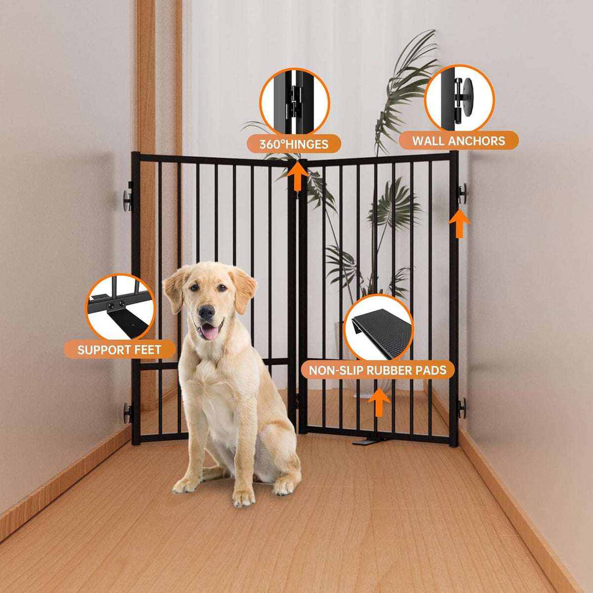 Full Metal Freestanding Dog Gate with Door, 32''Height Foldable Pet Dog Fence for Indoor & Outdoor, 2 Panels Extra Wide Free Standing TallDog Gates for Doorways,House,Stairs,Porch,Deck,Yard