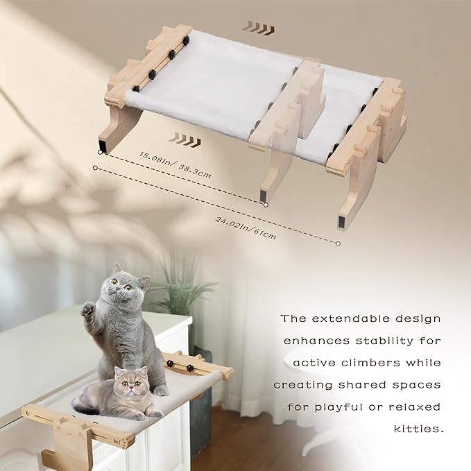 Laveivert 2-in-1 Cat Sill Window Perch, Cat Window Seat for Small & Large Cats, Nartural Color Wood & Metal Frame Cats Indoor Hammock Free-Standing, Easy to Adjust Windowsill