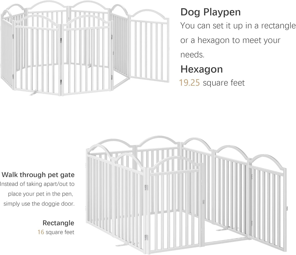 BHG Metal No-Assembly Freestanding Dog Gate with Door Walk Through, Extra Wide 96", Extra Tall 32" Pet Gate, Accordion Puppy Folding Playpen Dog Fence, with 2PCS Support (White, 8 Panels)