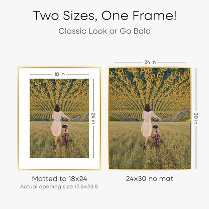 Homeforia 24x30 Picture Frame Gold, High End Metal 24 x 30 Poster Frames with 18 by 24 Mat Opening, 24x30 Gold Photo Frame Matted to 18x24 Print, 30x24 Large Frames, Tempered Glass, Wall Kit, Set of 1
