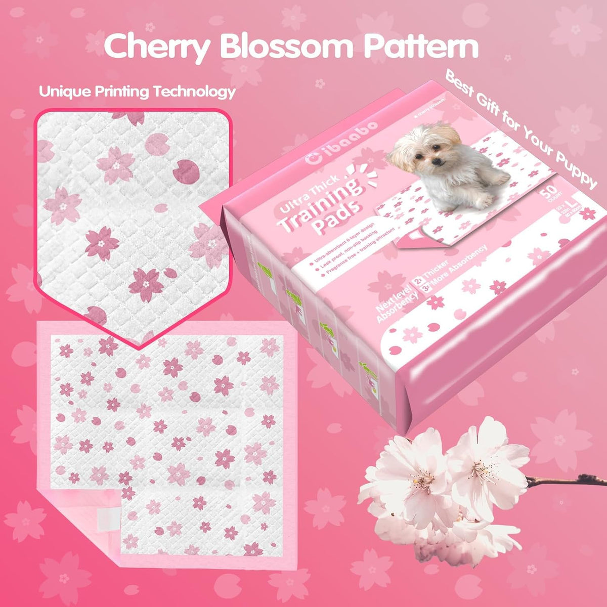 Pink Puppy Pads, Absorbent 23"x 23" 50 Count Cute Dog Pee Pad with Adhesive Tabs for Potty Training, Leak-Proof Quiky-Dry Pads for Puppies, Dogs, Cats, Rabbits(Pink, 23x23in 50Ct)