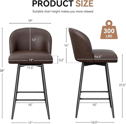 Counter Height Bar Stools Set of 4,360° Swivel Barstools with High Back and Metal Legs,26" Seat Height, Upholstered PU Leather Bar Chairs for Kitchen Island, Dining Room,Cafes,Black Brown