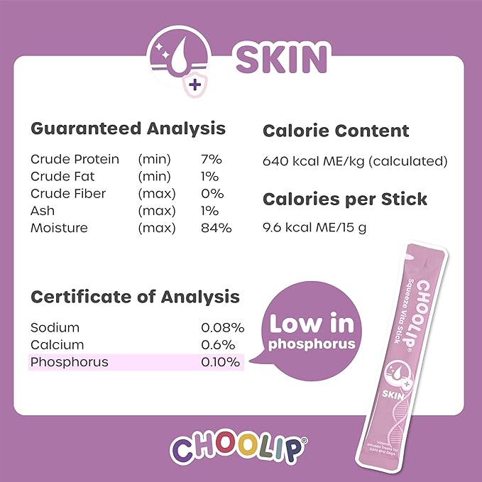 Choolip Squeeze Vita Stick Lickable Cat Treats & Dog Puree – 7-Count Skin & Coat Support Tubes, Creamy Grain-Free High-Protein Puree with Omega 3, Biotin & Vitamins for Healthy Fur & Skin