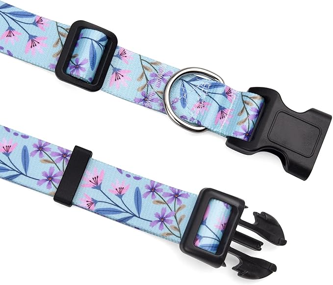 Dog Collar and Leash Set with Bohemia Floral Tribal Geometric Patterns - Soft Ethnic Style Collar Adjustable for Small Medium Large Dogs(Pink + Purple Floral Set,L)