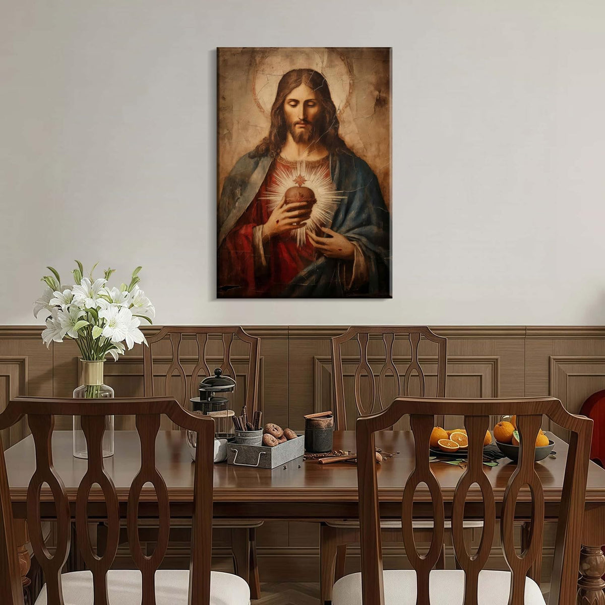 Framed Jesus Sacred Heart Canvas Painting Wall Art Christian Religious Poster Inspirational Bible Art Gallery Style Print for Bedroom Church Home Decor 24X36Inch Ready to Hang