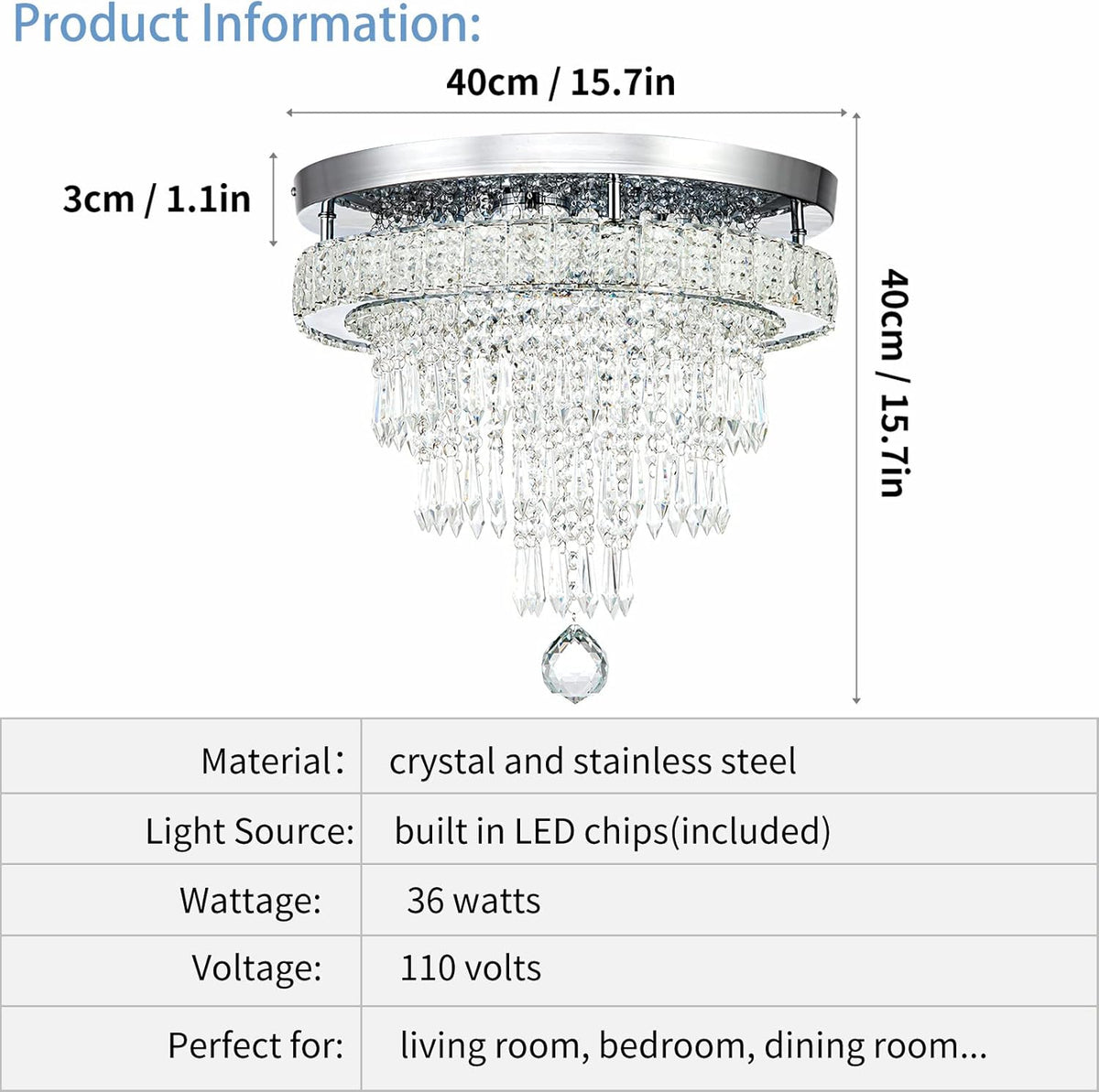 16“ Crystal Chandeliers Round Modern LED Chandelier Light Flush Mount Ceiling Light Fixtures with Remote Control for Bedroom Living Room Dining Room (dimmable)