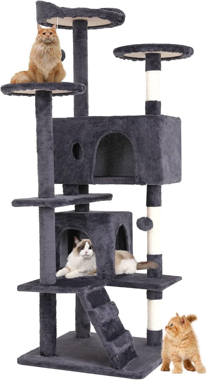 BestPet | 54" Cat Tree Tower | Ashy | Sturdy, Easy to Assemble, Multi-Level Activity Center with Sisal Scratching Posts, Condos, Perches, Hanging Cat Toys, Observation Decks & Ladder