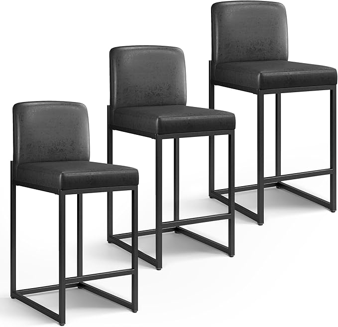 PHI VILLA Black Leather Bar Stools Set of 3, Counter Height Bar Chairs Modern Faux Leather Stools for Kitchen Island, 24 inch Barstools with Back