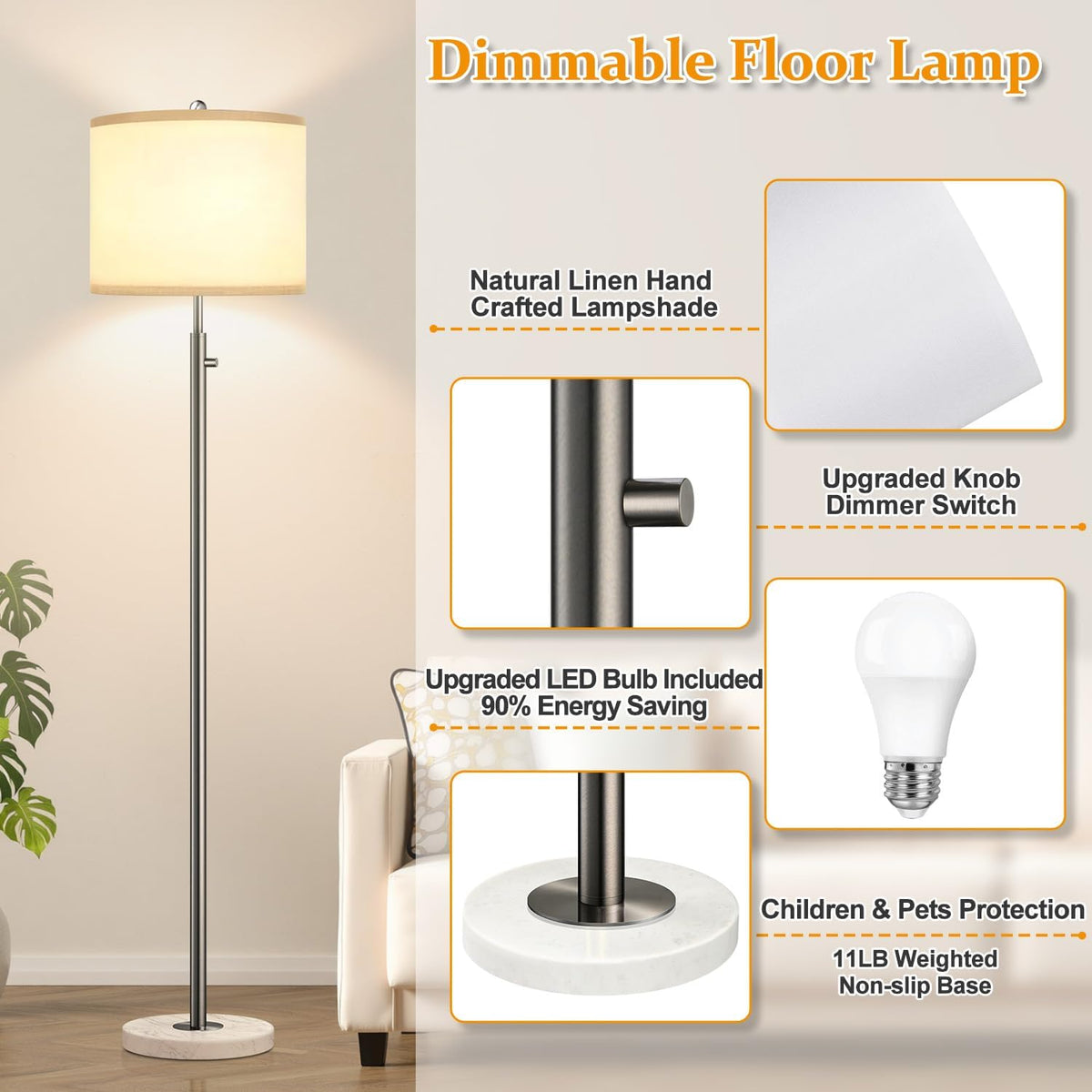 【Upgraded】 Dimmable Floor Lamp for Living Room, 11W LED Bulb Included, Modern Standing Lamp with Marble Base, Tall Pole Light with Linen Shade for Bedroom Reading Office Corner Nursery-Brushed Nickel