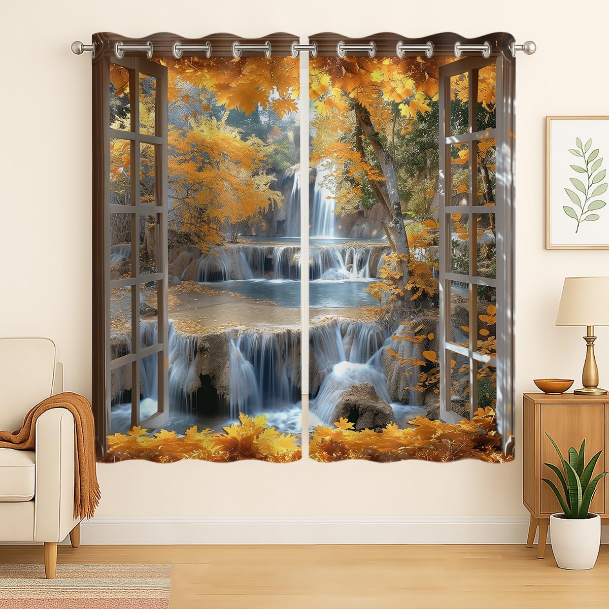 Landscape Blackout Curtains for Girls Boys Teens Home Decor, Nature 3D Autumn Fall Forest Maples Grommet Thermal Insulated Drapes Darkening Window Curtain for Bedroom Living Room, 84 x 84 Inch
