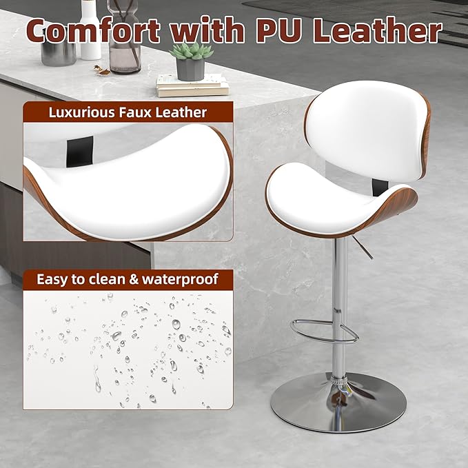 civama Bar Stools Set of 2 for Kitchen Counter, Adjustable Bar Height Chairs, Modern Swivel Barstools with Bentwood Seat and Back with Footrest, for Kitchen Island, Dining Room, White PU Leather